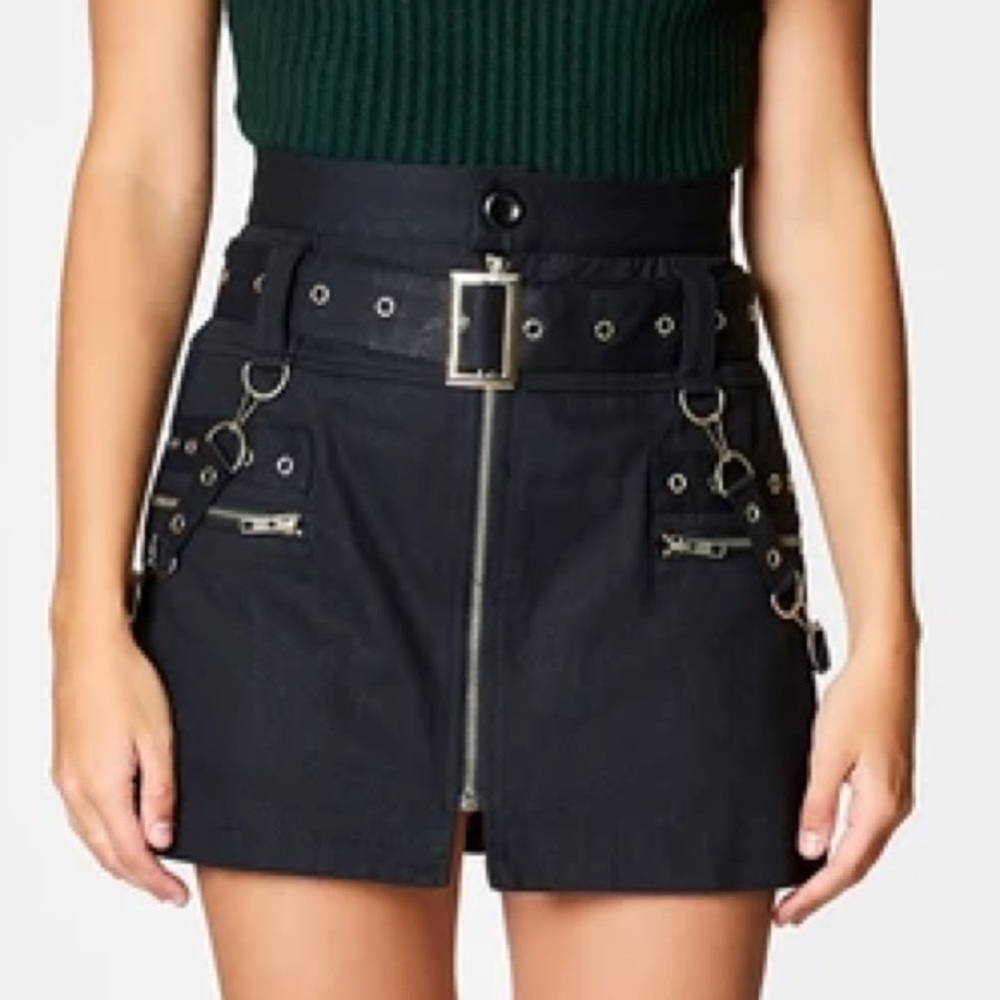 LF Carmar black denim belted chain skirt